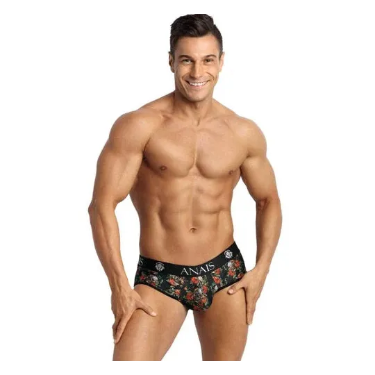 Slip bikini uomo Anais Men Power Jock con stampa teschio e rose, taglio glutei aperti, morbido modal
