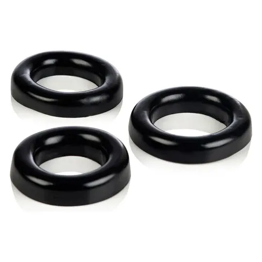Ensemble de trois anneaux péniens en silicone souple Calexotics, diamètres 8cm, 7cm et 6cm.