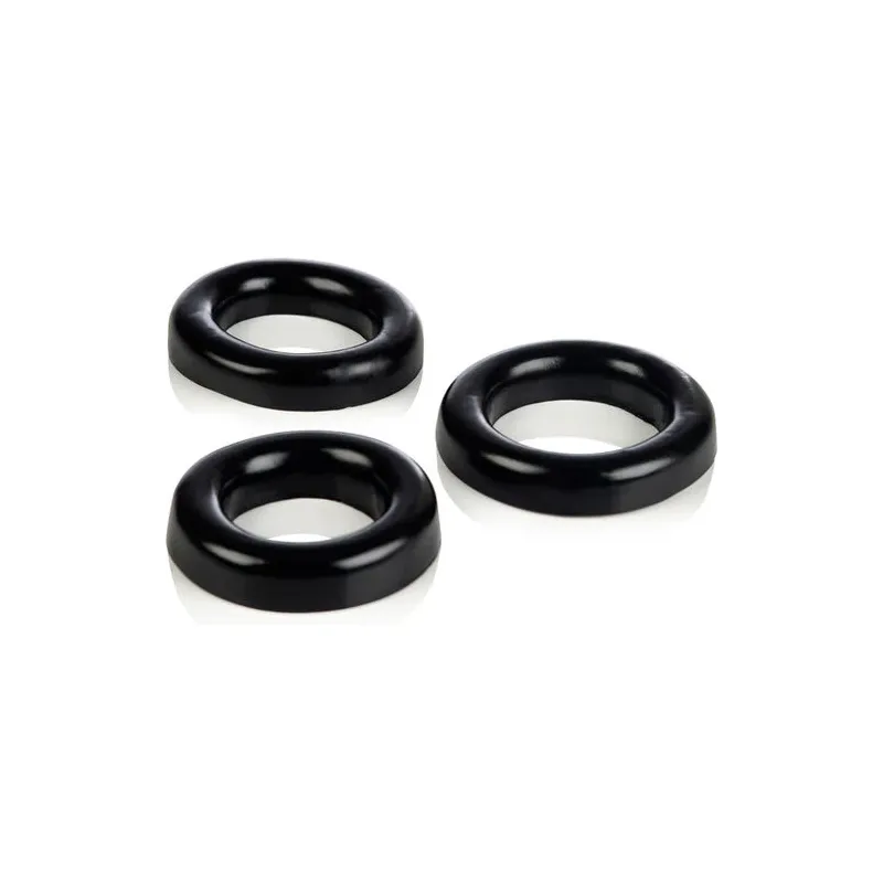 Ensemble de trois anneaux péniens en silicone souple Calexotics, diamètres 8cm, 7cm et 6cm.