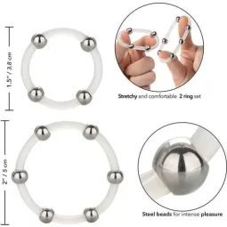 Lot de 2 anneaux péniens silicone noir perles acier CALEXOTICS bagues stimulation tailles L et XL