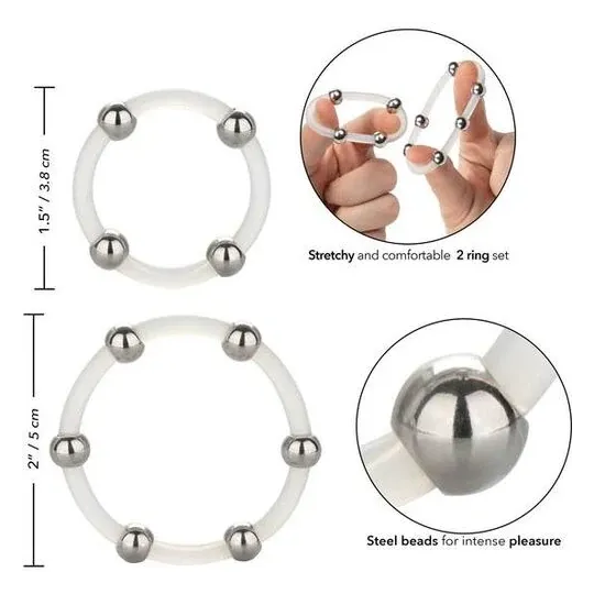 Lot de 2 anneaux péniens silicone noir perles acier CALEXOTICS bagues stimulation tailles L et XL