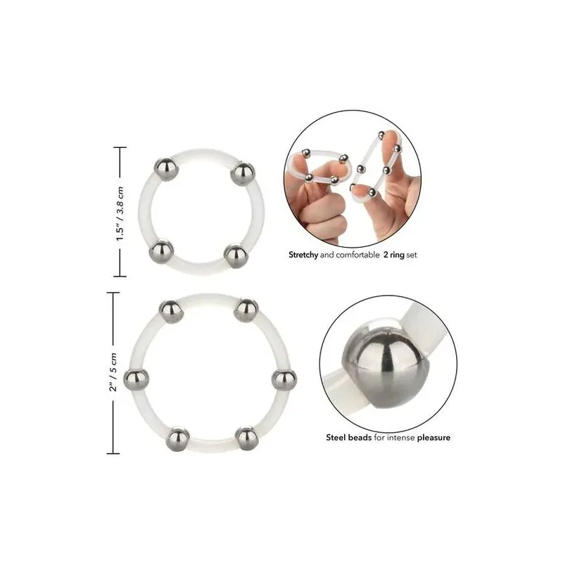 Lot de 2 anneaux péniens silicone noir perles acier CALEXOTICS bagues stimulation tailles L et XL