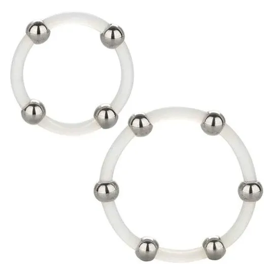 Set di 2 anelli penieni silicone nero perle acciaio CALEXOTICS anelli stimolazione taglie L e XL