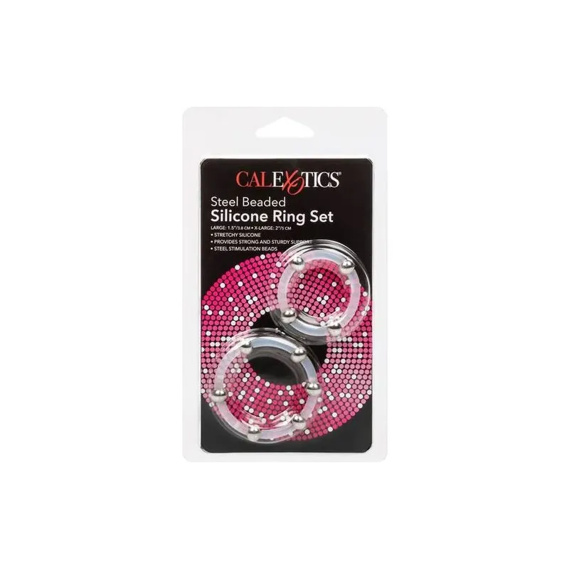 Lot de 2 anneaux péniens silicone noir perles acier CALEXOTICS bagues stimulation tailles L et XL