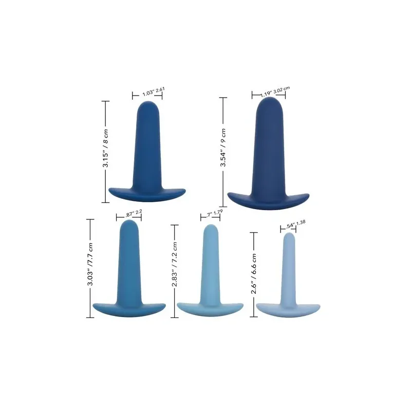 Set d'entraînement anal progressif Calexotics 5 pièces en silicone lisse, tailles croissantes pour découverte anale progressive.