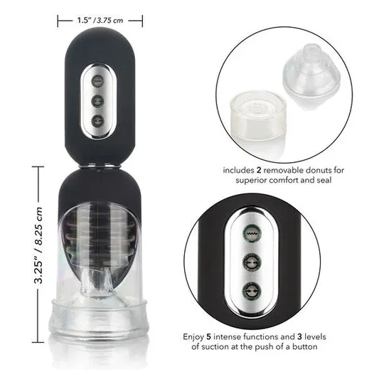Pompe automatique Calexotics GET tête dure noire, avec anneaux interchangeables et 3 niveaux d'aspiration.