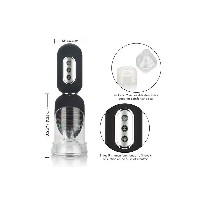 Pompe automatique Calexotics GET tête dure noire, avec anneaux interchangeables et 3 niveaux d'aspiration.