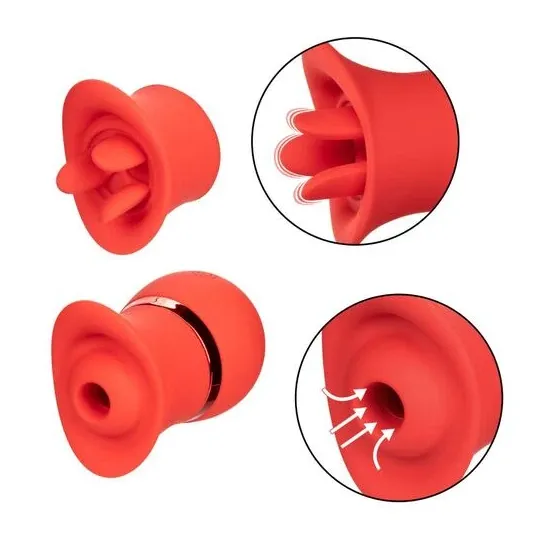 Vibrador y estimulador de succión Calexotics French Kiss Suck & Play en silicona suave, recargable, 24 funciones de placer dual.