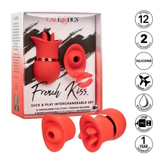 Vibrador y estimulador de succión Calexotics French Kiss Suck & Play en silicona suave, recargable, 24 funciones de placer dual.