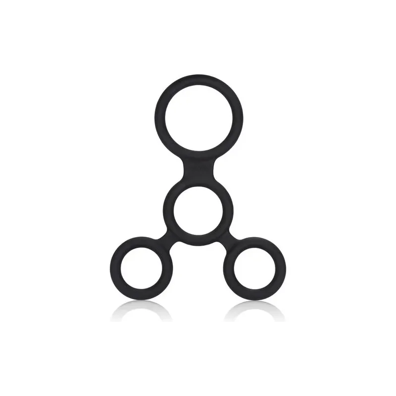 Anillo para pene ajustable CALEXOTICS con tres anillos elásticos negros para sujeción personalizada.