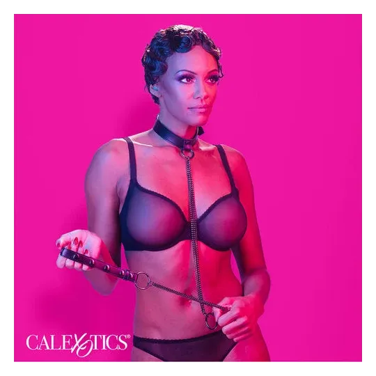 Collare pettorina catena trasformabile CALEXOTICS pelle nera velluto interno fibbia regolabile accessorio BDSM