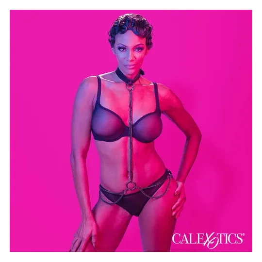 Collare pettorina catena trasformabile CALEXOTICS pelle nera velluto interno fibbia regolabile accessorio BDSM