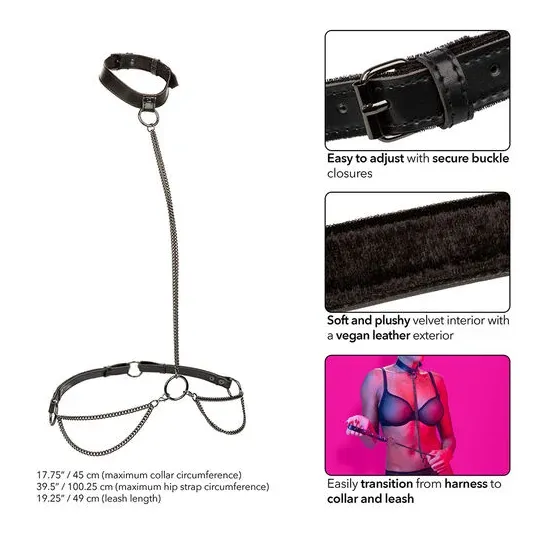 Collare pettorina catena trasformabile CALEXOTICS pelle nera velluto interno fibbia regolabile accessorio BDSM