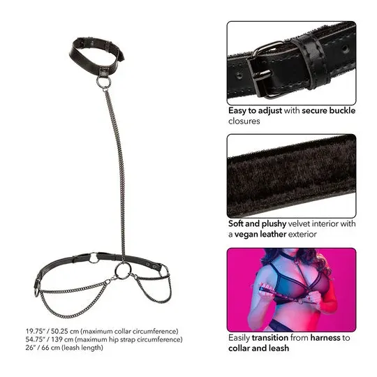 CALEXOTICS Euphoria collar cabestro correa transformable grande terciopelo cuero vegano negro