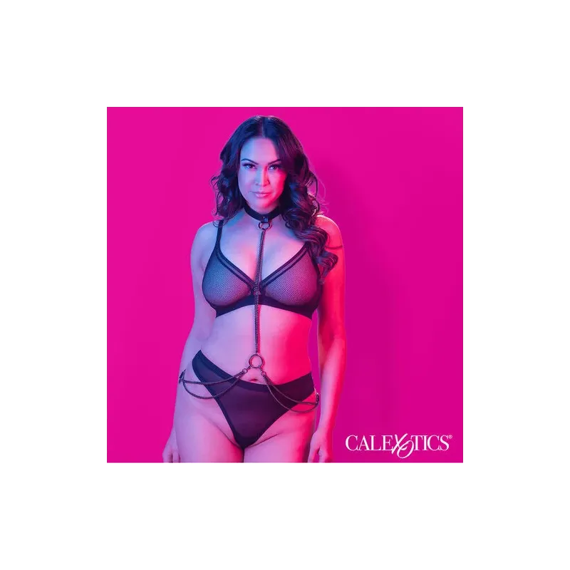 Collier licol laisse transformable CALEXOTICS Euphoria grande taille cuir vegan intérieur velours noir