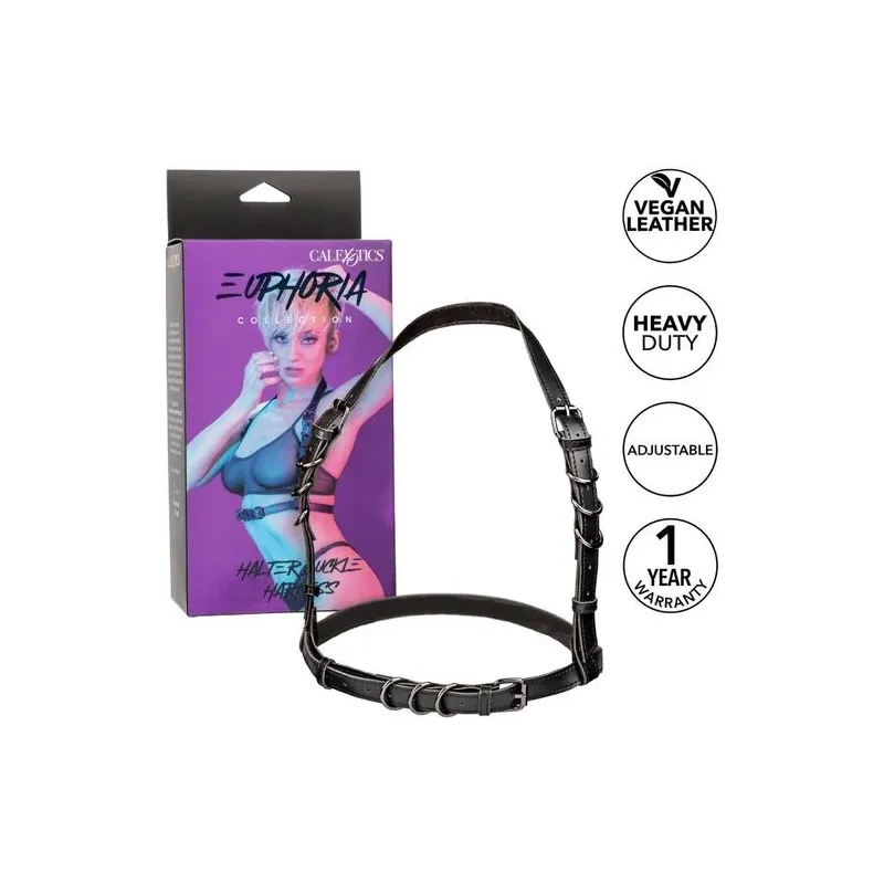 Adjustable black halter body harness by CalExotics with soft velvet interior and buckle closure for comfortable fit.