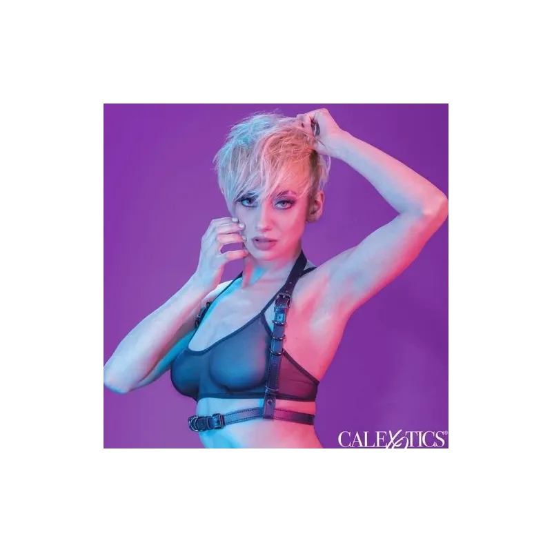 Adjustable black halter body harness by CalExotics with soft velvet interior and buckle closure for comfortable fit.