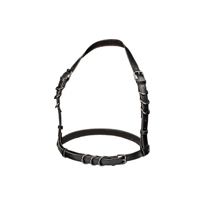 Imbracatura a cavezza regolabile nera CalExotics con interno in velluto e fibbia regolabile per comfort.