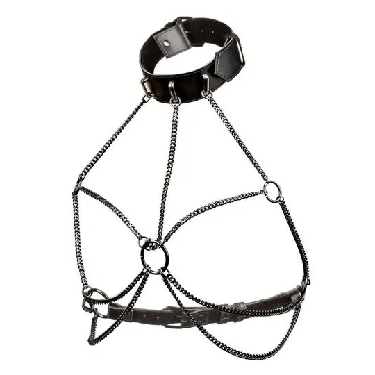 Imbracatura collana a catene nero CALEXOTICS taglia forte, interno velluto, esterno pelle vegana, fibbia regolabile.