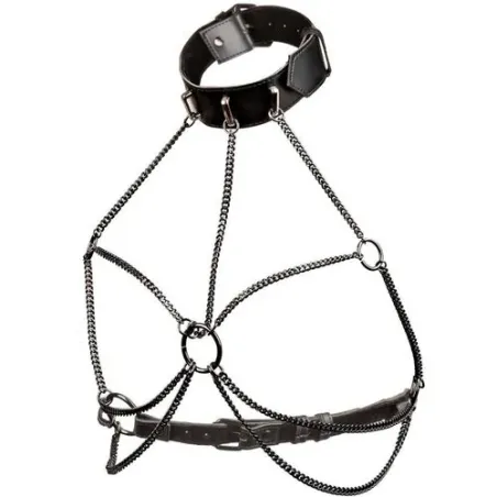 Imbracatura collana a catene nero CALEXOTICS taglia forte, interno velluto, esterno pelle vegana, fibbia regolabile.