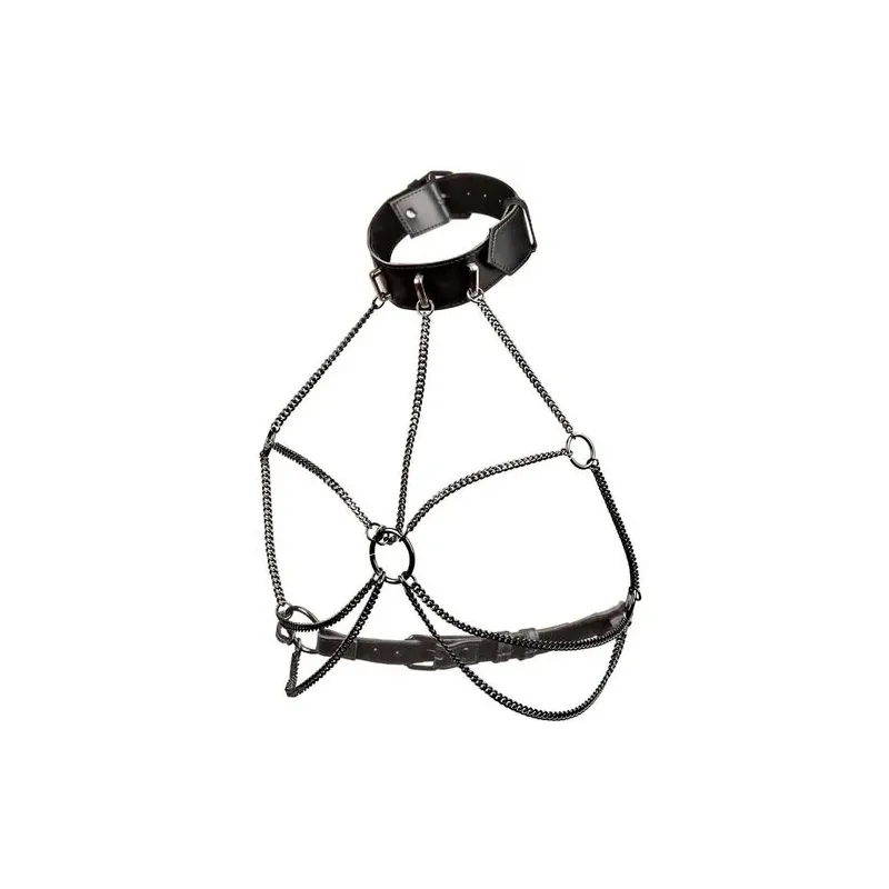 Imbracatura collana a catene nero CALEXOTICS taglia forte, interno velluto, esterno pelle vegana, fibbia regolabile.