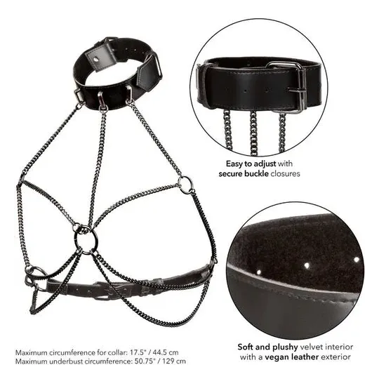 Imbracatura collana a catene nero CALEXOTICS taglia forte, interno velluto, esterno pelle vegana, fibbia regolabile.