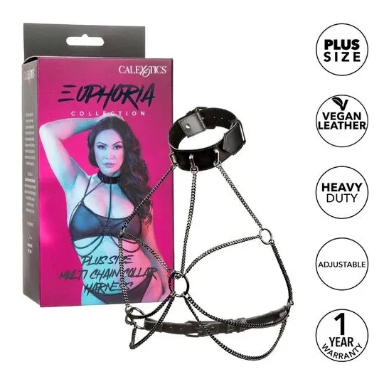 Imbracatura collana a catene nero CALEXOTICS taglia forte, interno velluto, esterno pelle vegana, fibbia regolabile.