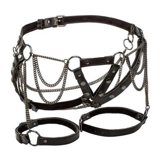 Harnais de cuisse multichaînes CALEXOTICS en cuir végétalien noir, doublure velours, sangles réglables.