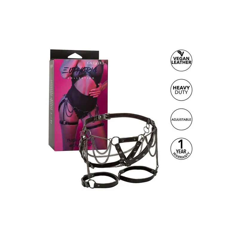 Harnais de cuisse multichaînes CALEXOTICS en cuir végétalien noir, doublure velours, sangles réglables.