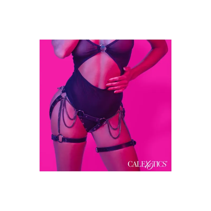 Harnais de cuisse multichaînes CALEXOTICS en cuir végétalien noir, doublure velours, sangles réglables.