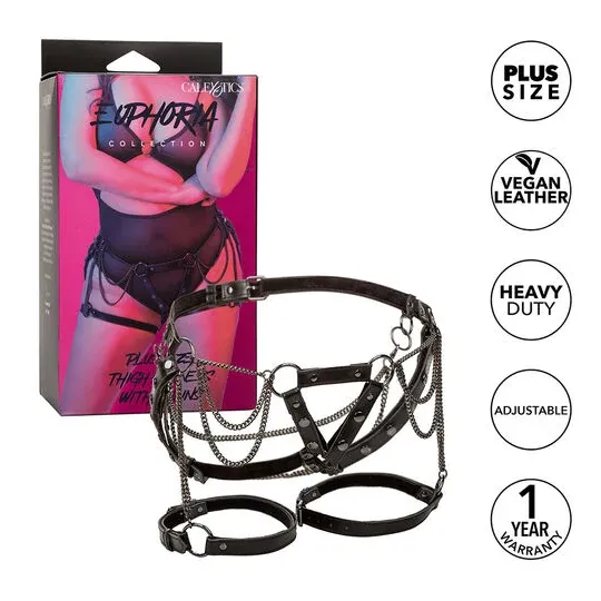 Harnais de cuisse multichaînes premium grande taille CALEXOTICS, cuir végétalien noir, boucles réglables", "en": "CALEXOTICS pre