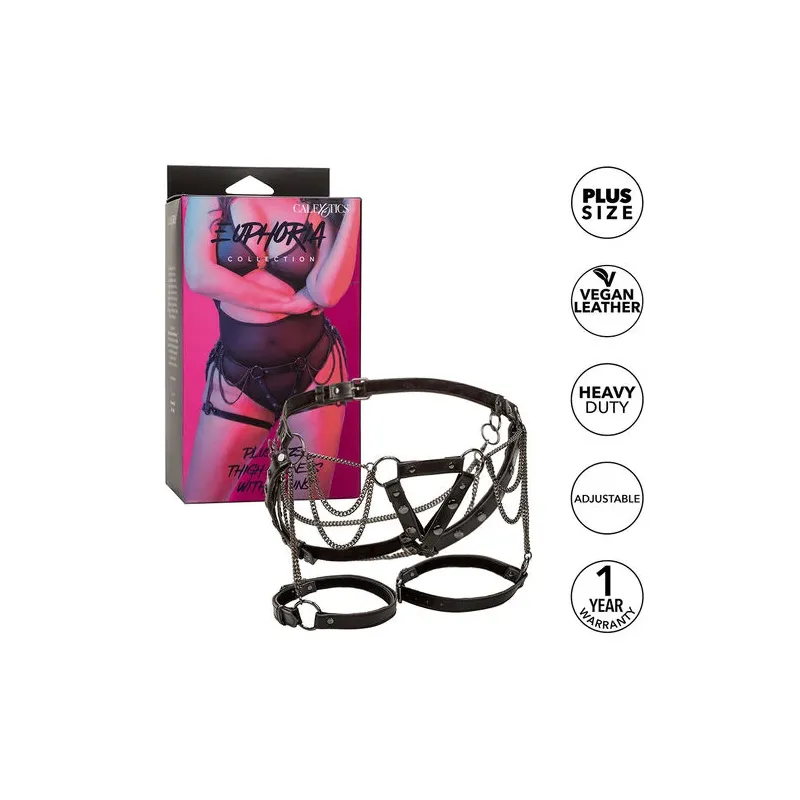Harnais de cuisse multichaînes premium grande taille CALEXOTICS, cuir végétalien noir, boucles réglables", "en": "CALEXOTICS pre