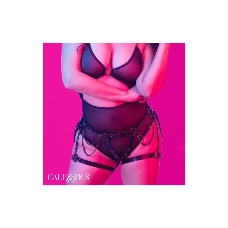 Harnais de cuisse multichaînes premium grande taille CALEXOTICS, cuir végétalien noir, boucles réglables", "en": "CALEXOTICS pre