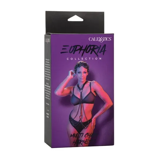 Harnais multichaîne premium Calexotics Euphoria en cuir végétalien noir, dos nageur avec boucle réglable et doublure velours.