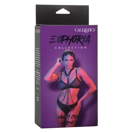 Harnais multichaîne premium Calexotics Euphoria en cuir végétalien noir, dos nageur avec boucle réglable et doublure velours.