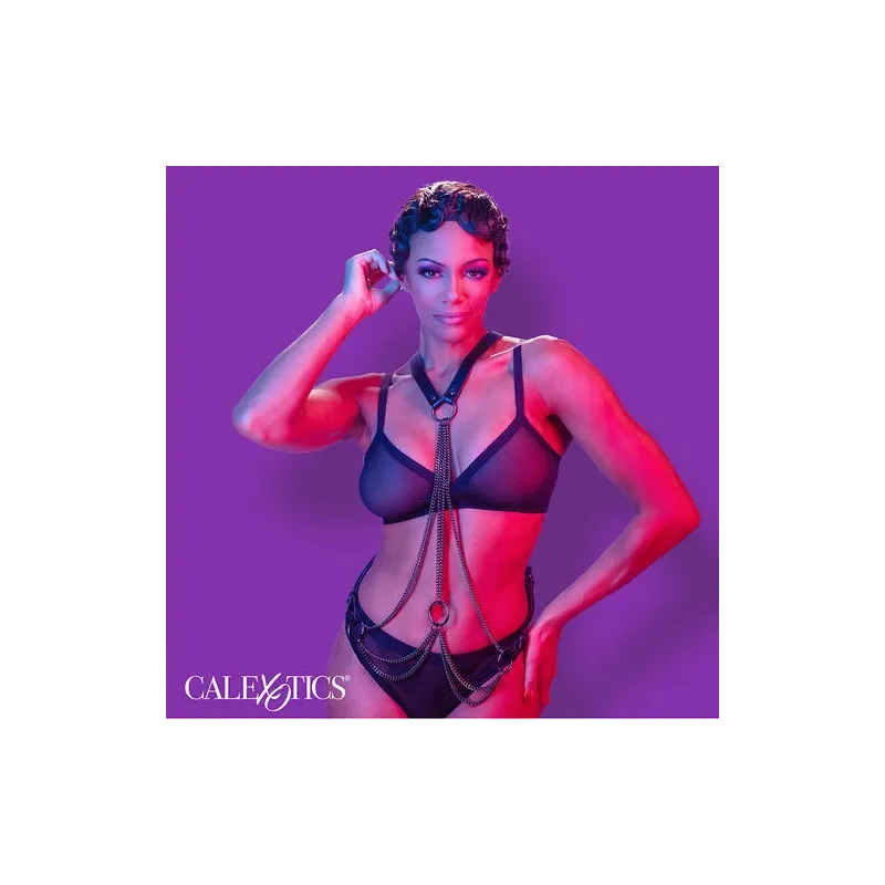 Harnais multichaîne premium Calexotics Euphoria en cuir végétalien noir, dos nageur avec boucle réglable et doublure velours.
