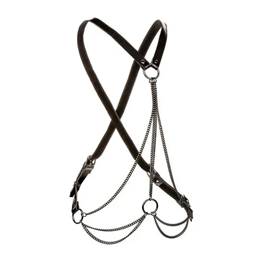 Harnais multichaîne premium Calexotics Euphoria en cuir végétalien noir, dos nageur avec boucle réglable et doublure velours.