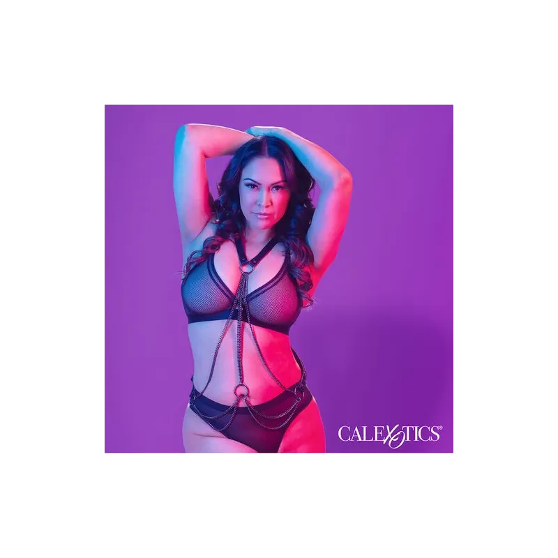 Plus size multi-chain harness CALEXOTICS in black vegan leather with velvet interior, metal buckle closure