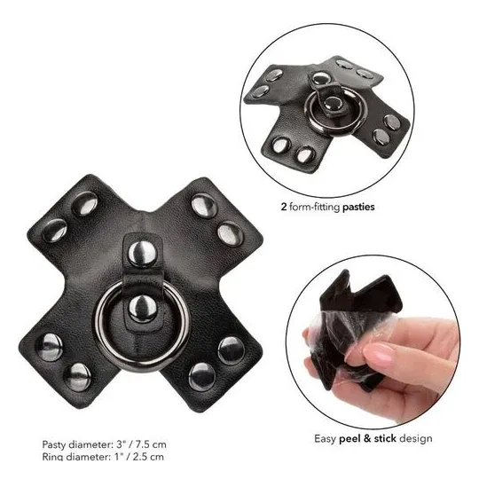Cache-tétons adhésifs noirs CalExotics Euphoria avec joints toriques et rivets métalliques, réutilisables.