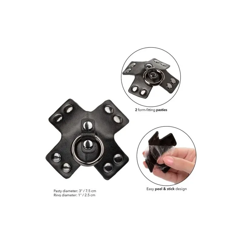 Cache-tétons adhésifs noirs CalExotics Euphoria avec joints toriques et rivets métalliques, réutilisables.