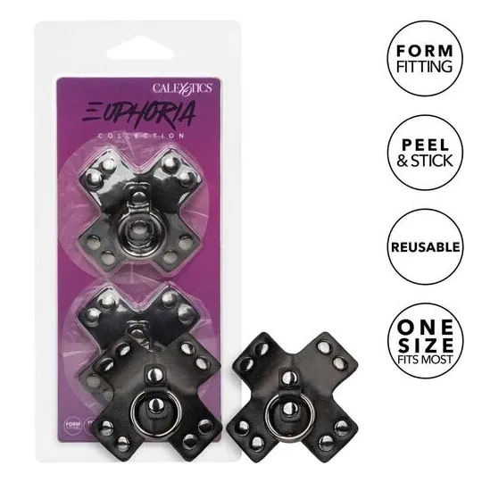 Cache-tétons adhésifs noirs CalExotics Euphoria avec joints toriques et rivets métalliques, réutilisables.