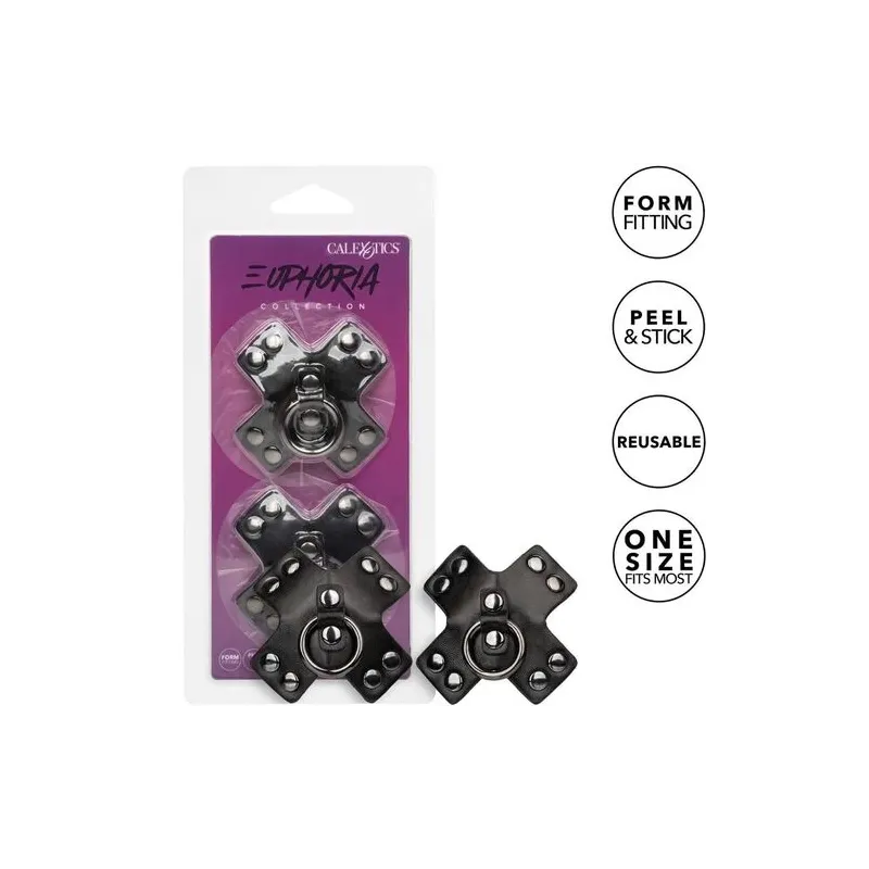 Cache-tétons adhésifs noirs CalExotics Euphoria avec joints toriques et rivets métalliques, réutilisables.
