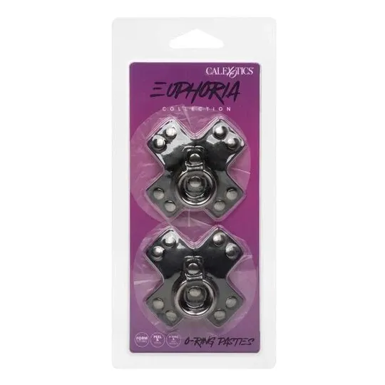 Cache-tétons adhésifs noirs CalExotics Euphoria avec joints toriques et rivets métalliques, réutilisables.