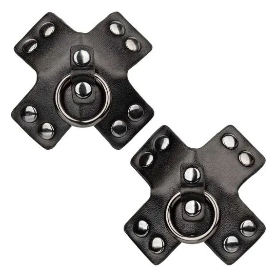 Cache-tétons adhésifs noirs CalExotics Euphoria avec joints toriques et rivets métalliques, réutilisables.