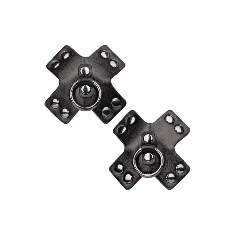 Cache-tétons adhésifs noirs CalExotics Euphoria avec joints toriques et rivets métalliques, réutilisables.