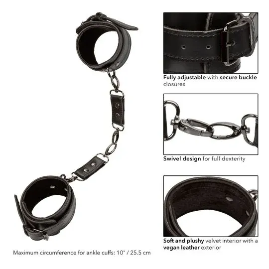 Manette per caviglie CalExotics Euphoria regolabili in pelle vegana e velluto, con anelli a D e bottoni a pressione.