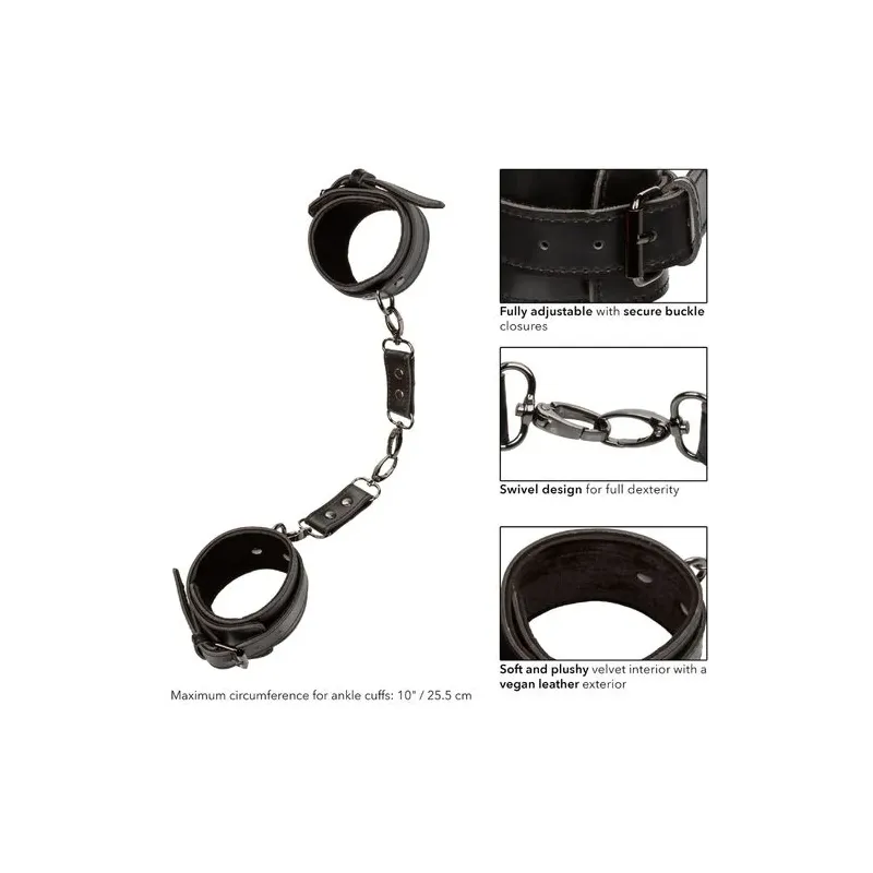 Manette per caviglie CalExotics Euphoria regolabili in pelle vegana e velluto, con anelli a D e bottoni a pressione.