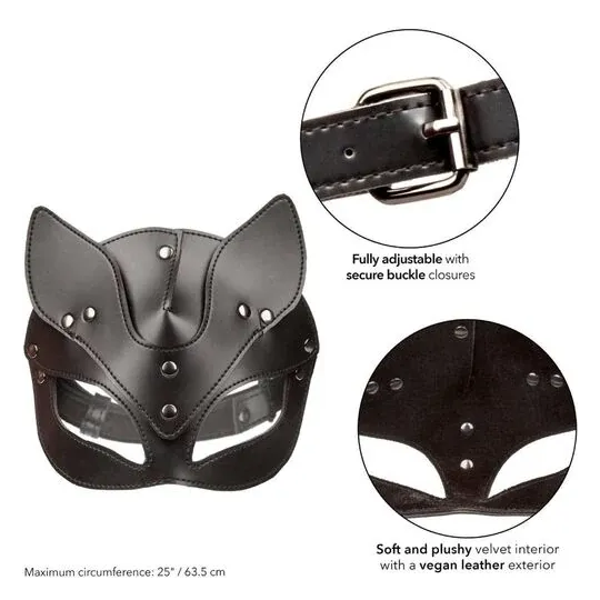 Maschera da gatto regolabile CalExotics in pelle vegana nera, interno velluto, chiusura a fibbia, per giochi BDSM