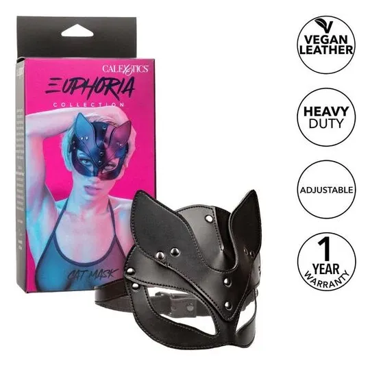 Maschera da gatto regolabile CalExotics in pelle vegana nera, interno velluto, chiusura a fibbia, per giochi BDSM