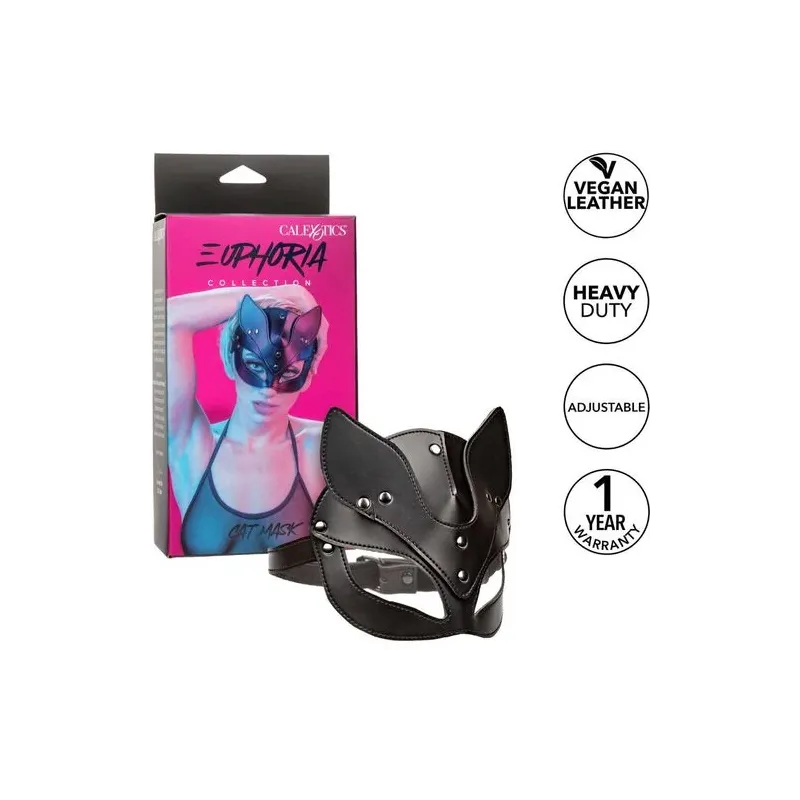 Maschera da gatto regolabile CalExotics in pelle vegana nera, interno velluto, chiusura a fibbia, per giochi BDSM